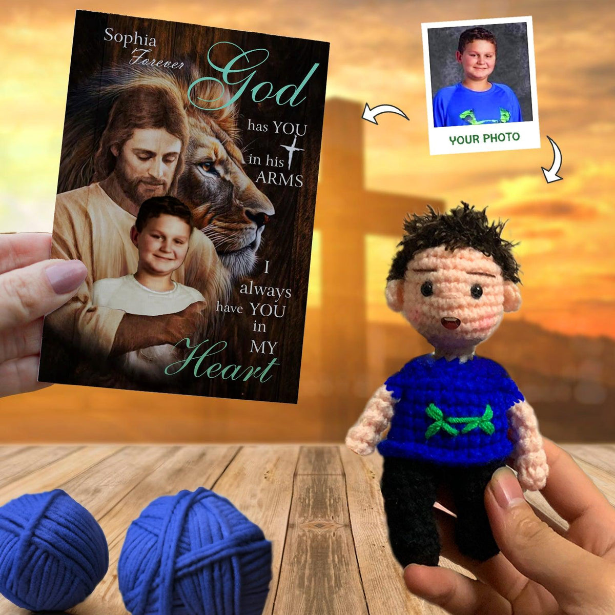 Personalized Crochet Doll with Photo Card "Child Safe In The Arms Of God"