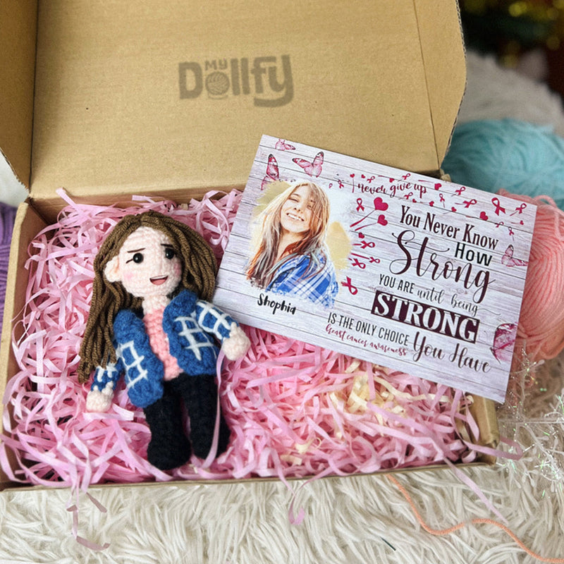 Personalized Crochet Doll with Photo Card "Breast Cancer You Never Know How Strong You Are Until Being Strong"