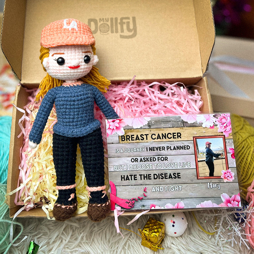 Personalized Crochet Doll with Photo Card "Breast Cancer Is A Journey I Never Planned"