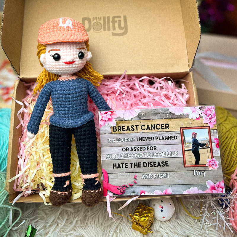 Personalized Crochet Doll with Photo Card "Breast Cancer Is A Journey I Never Planned"