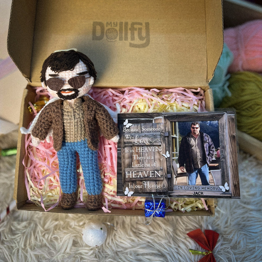Personalized Crochet Doll with Photo Card "Because Someone We Love Is In Heaven 2"