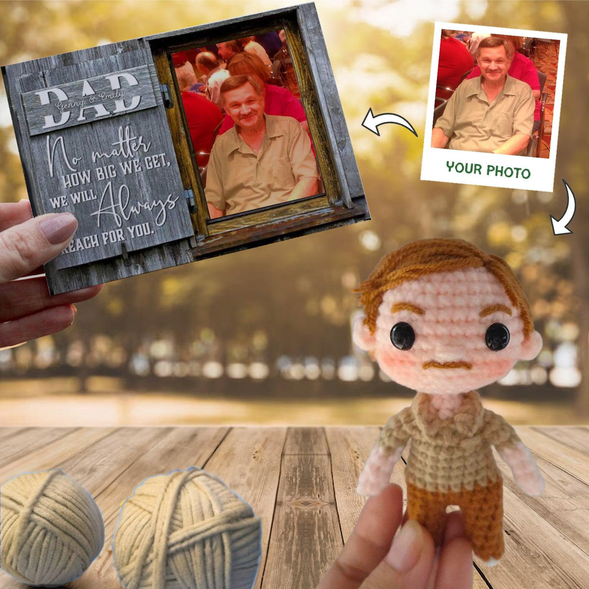 Personalized Crochet Doll with Photo Card "Dad No Matter How Big We Get 2"