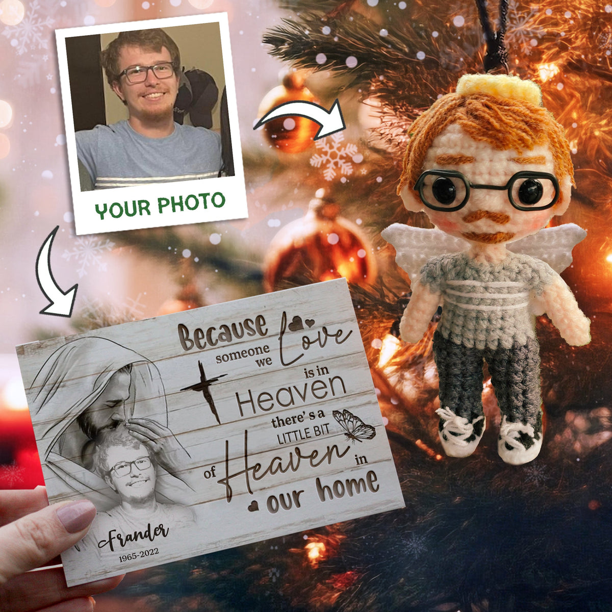 Personalized Ornament Crochet Doll with Photo Card "When Someone We Love Is In Heaven Safe In God's Hands"