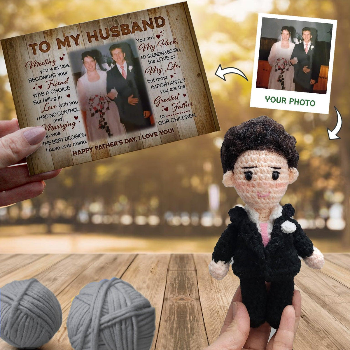 Personalized Crochet Doll with Photo Card "To My Husband Happy Father's Day"
