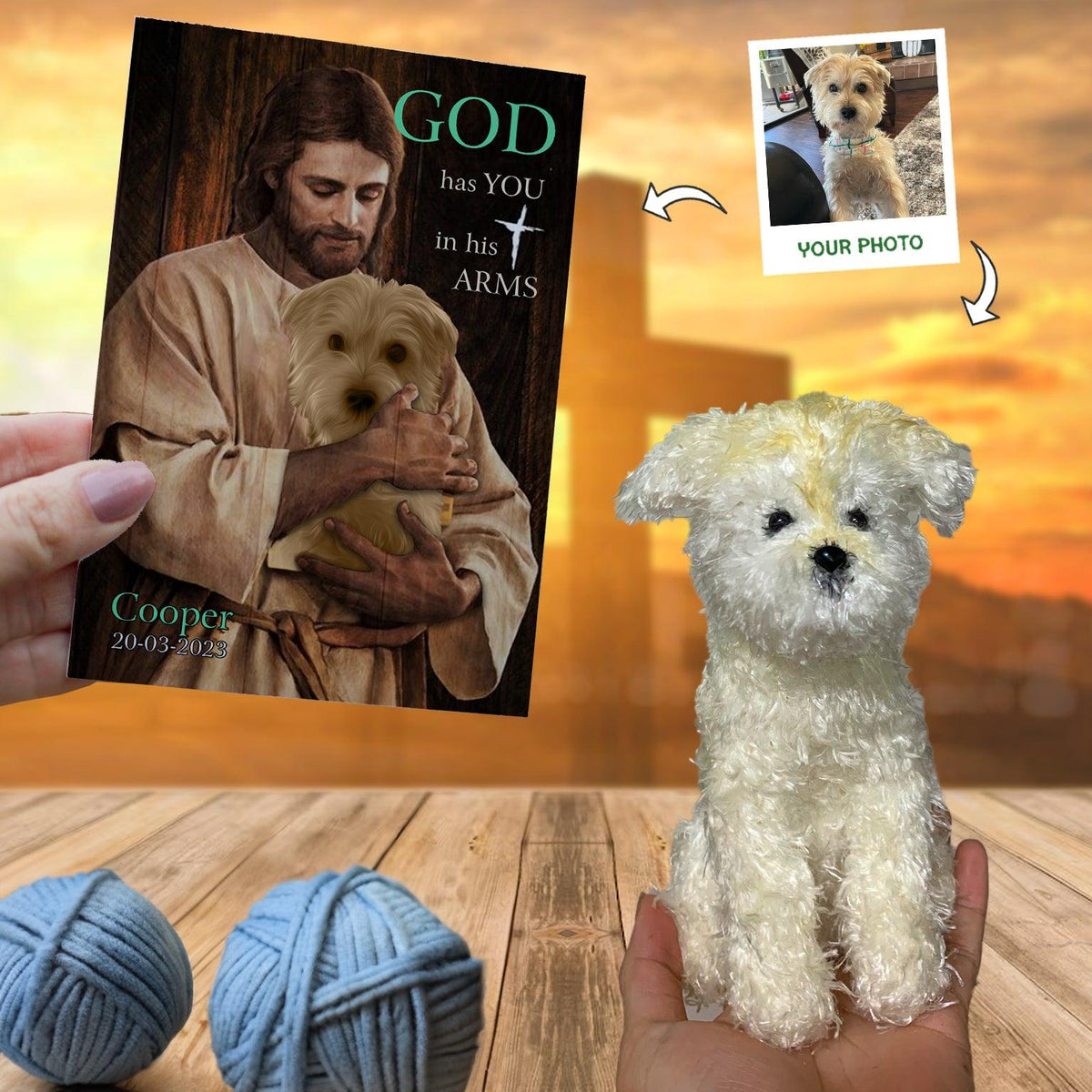 Personalized Crochet Doll with Photo Card "PET Safe In The Arms Of God"