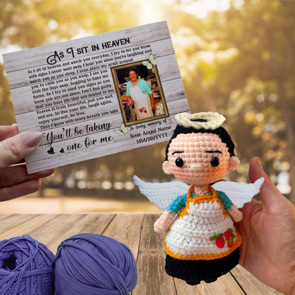 Personalized Crochet Doll with Photo Card "As I Sit In Heaven"