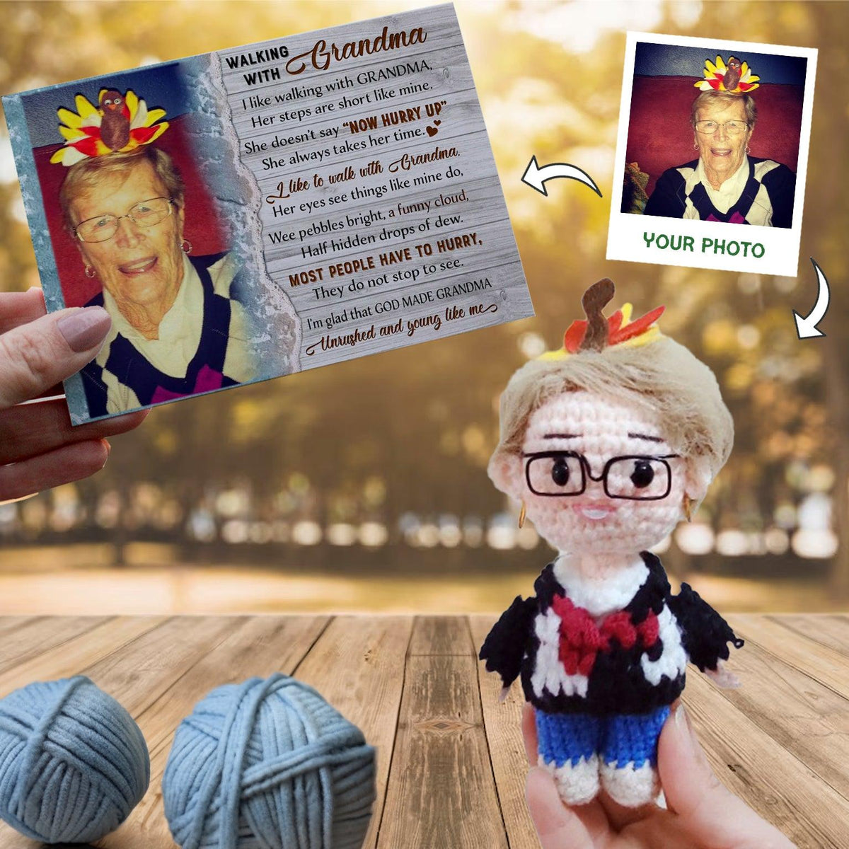 Personalized Crochet Doll with Photo Card "Walking With Grandma"