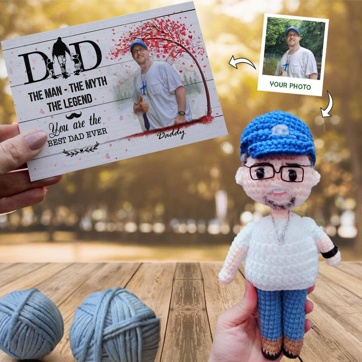 Personalized Crochet Doll with Photo Card "Dad, The Man The Myth The Legend"