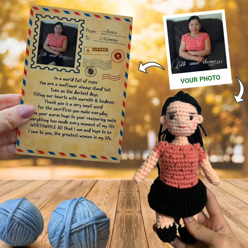 Personalized Crochet Doll with Photo Card "Letter to Mom with Your Own Finish"