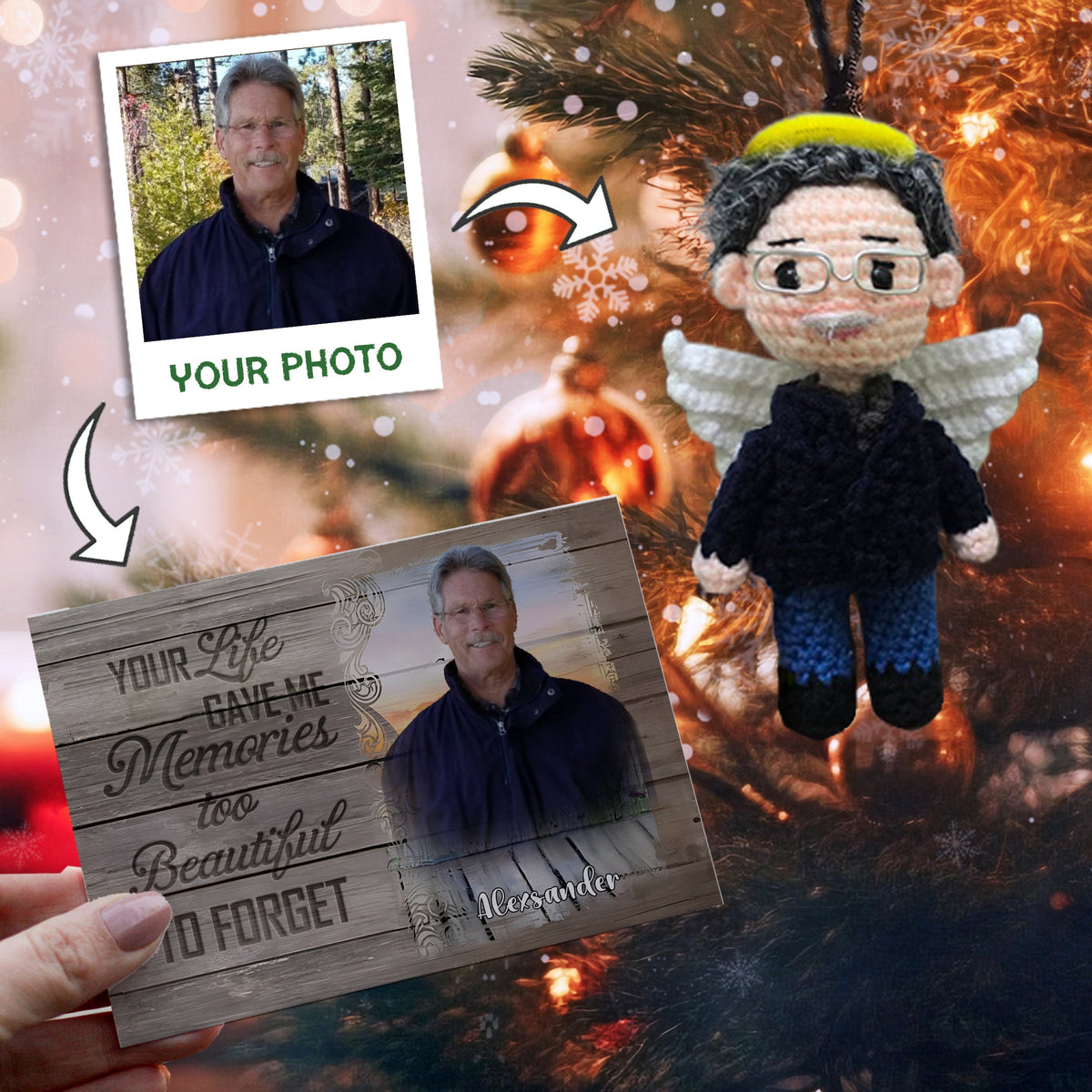 Personalized Ornament Crochet Doll with Photo Card "Your Life Gave Me Memories Too Beautiful too Forget"