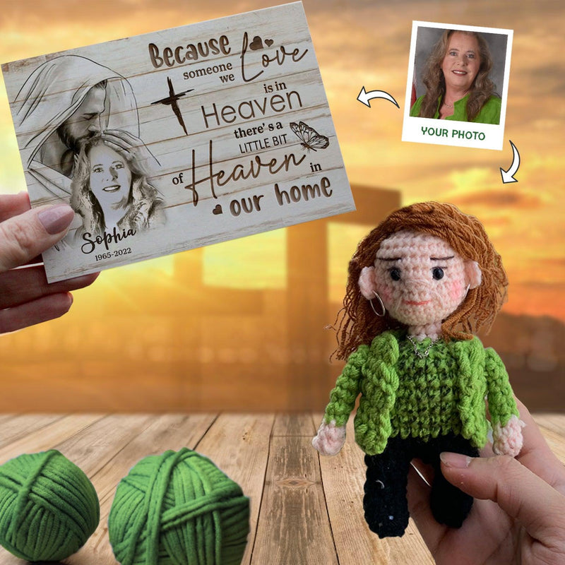 Personalized Crochet Doll with Photo Card "When Someone We Love Is In Heaven Safe In God's Hands"