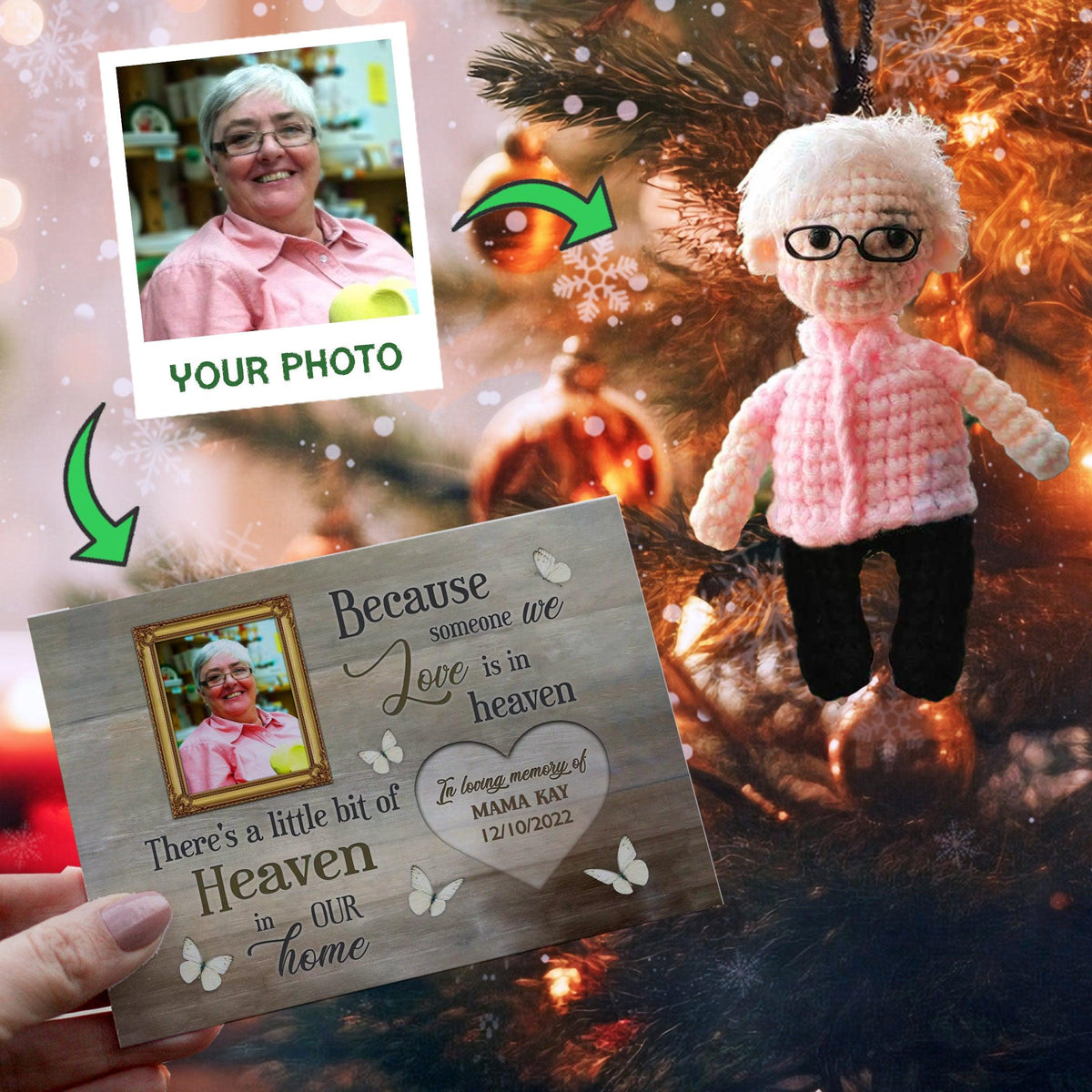 Personalized Ornament Crochet Doll with Photo Card "Because Someone We Love Is In Heaven"