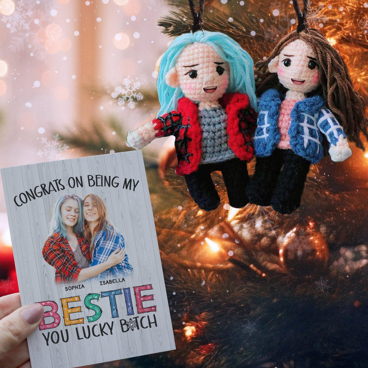 Personalized Ornament Crochet Doll with Photo Card "Congrats On Being My Bestie"