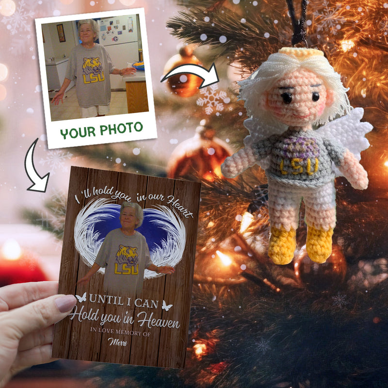 Personalized Ornament Crochet Doll with Photo Card "We'll Hold You In Our Hearts Until We Can Hold You In Heaven"
