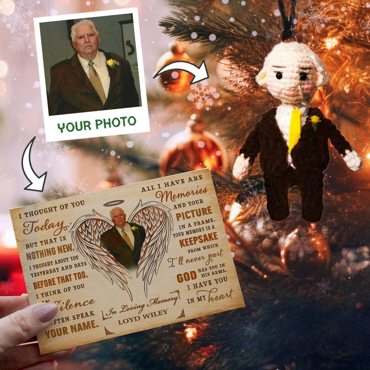 Personalized Ornament Crochet Doll with Photo Card "I Thought Of You Today"