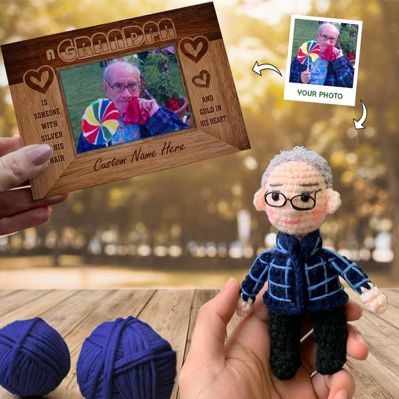 Personalized Crochet Doll with Photo Card "Grandpa Photo Gift Father’s Day"