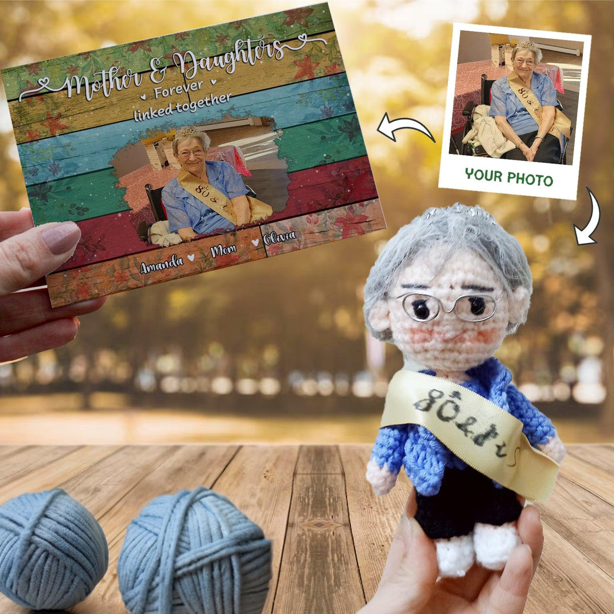 Personalized Crochet Doll with Photo Card "Mother & Daughter Forever Linked Togeter"