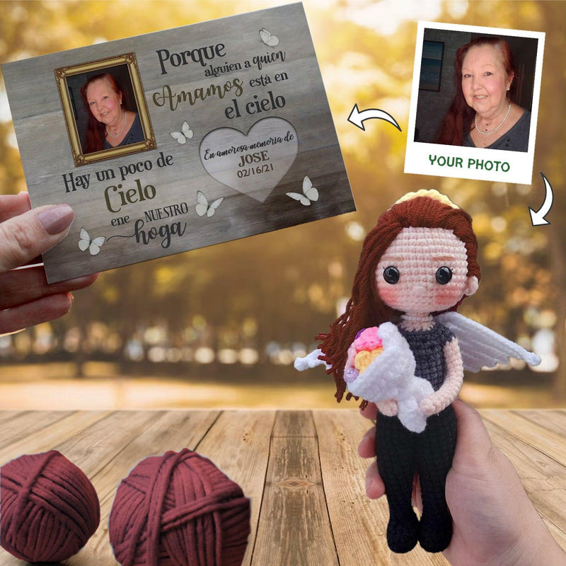 Personalized Crochet Doll with Photo Card "Porque Alguien Que Amamoa Está En El Cielo Hay Un Poco De Cielo"