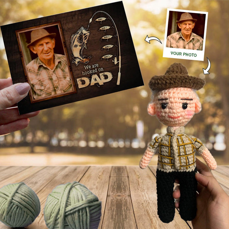 Personalized Crochet Doll with Photo Card "We Are Hooked On Dad"