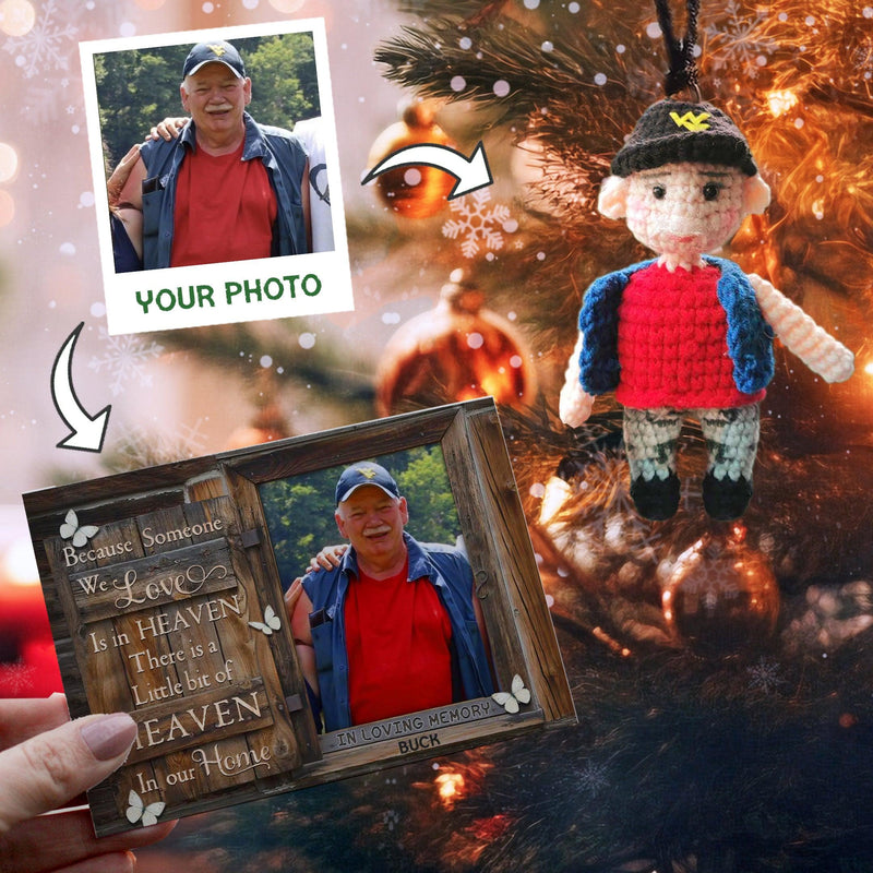 Personalized Ornament Crochet Doll with Photo Card "Because Someone We Love Is In Heaven 2"
