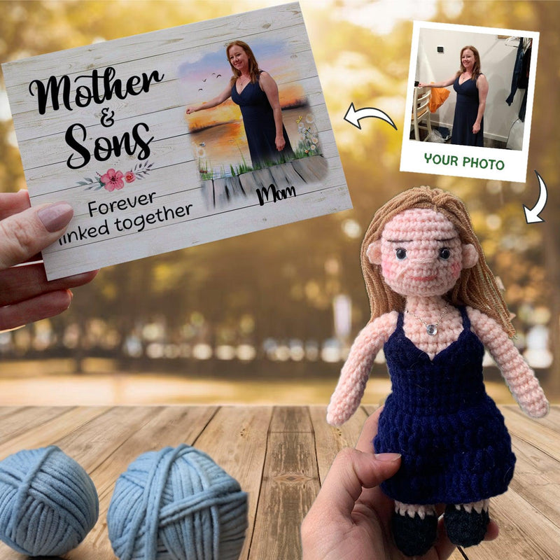 Personalized Crochet Doll with Photo Card "Mother & Sons Forever Linked Togeter"
