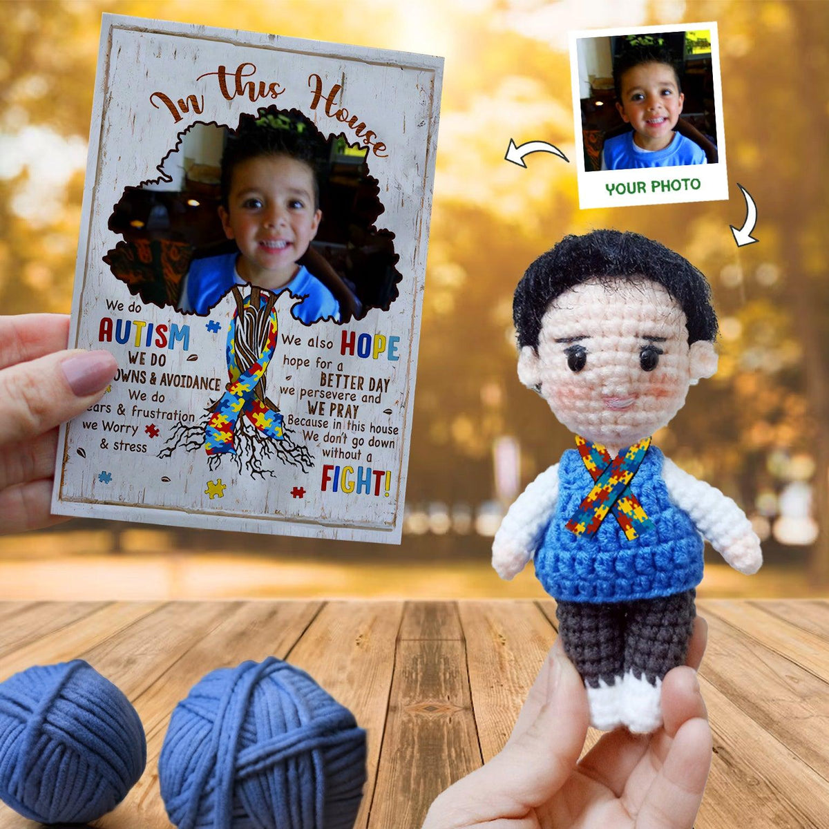 Personalized Crochet Doll with Photo Card "In This House We Do Autism"