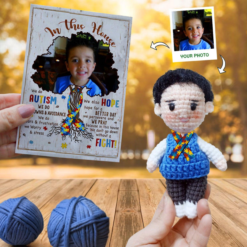 Personalized Crochet Doll with Photo Card "In This House We Do Autism"