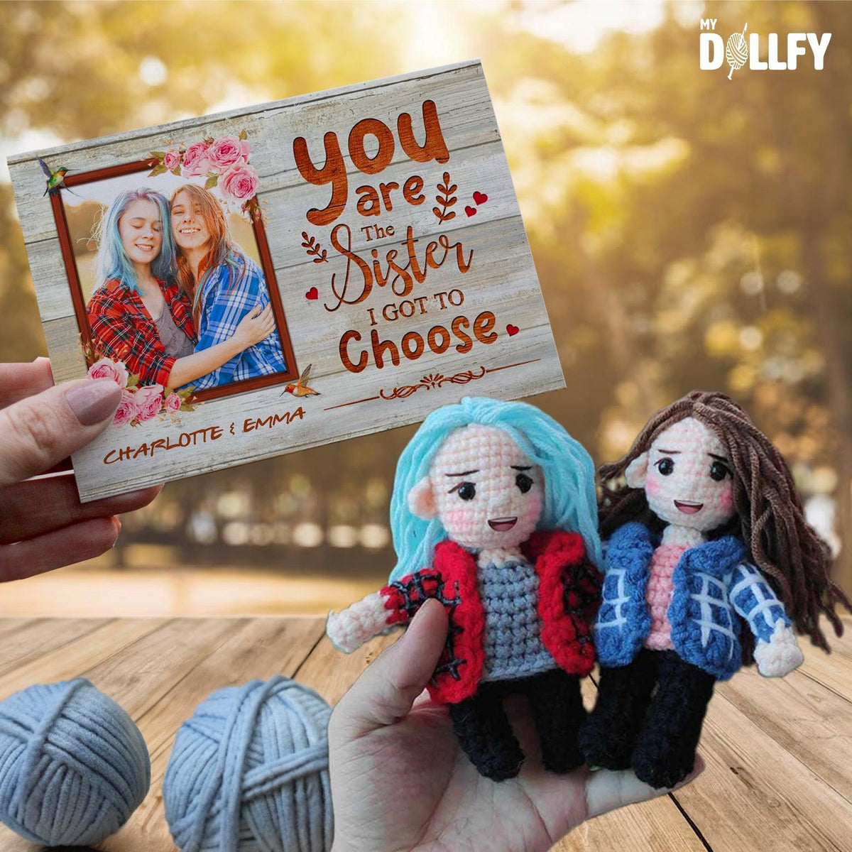 Personalized Crochet Doll with Photo Card "You Are The Sister I Got To Choose"