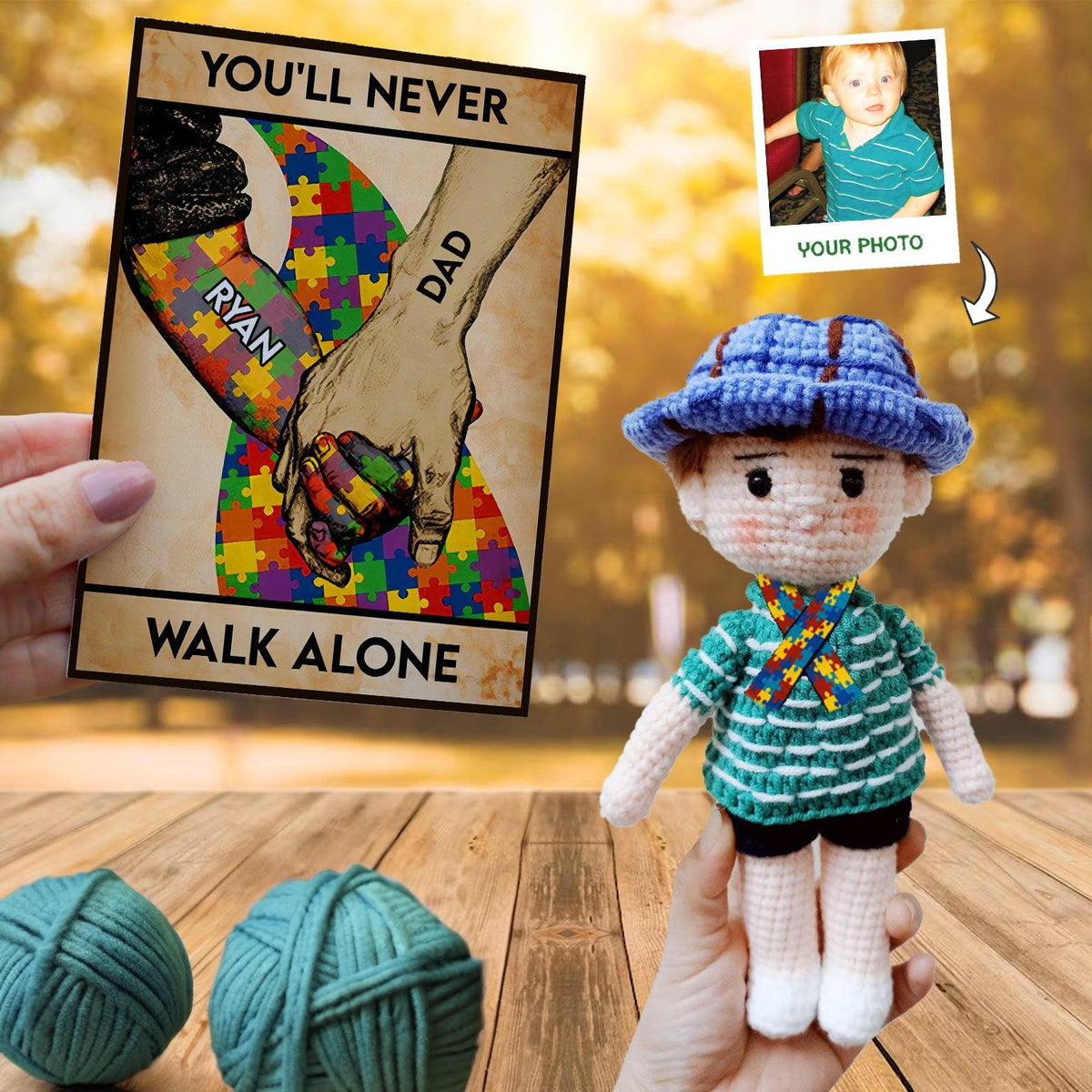 Personalized Crochet Doll with Photo Card "Autism Awareness You'll Never Walk Alone"