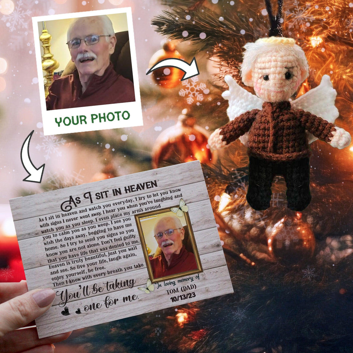 Personalized Ornament Crochet Doll with Photo Card "As I Sit In Heaven"