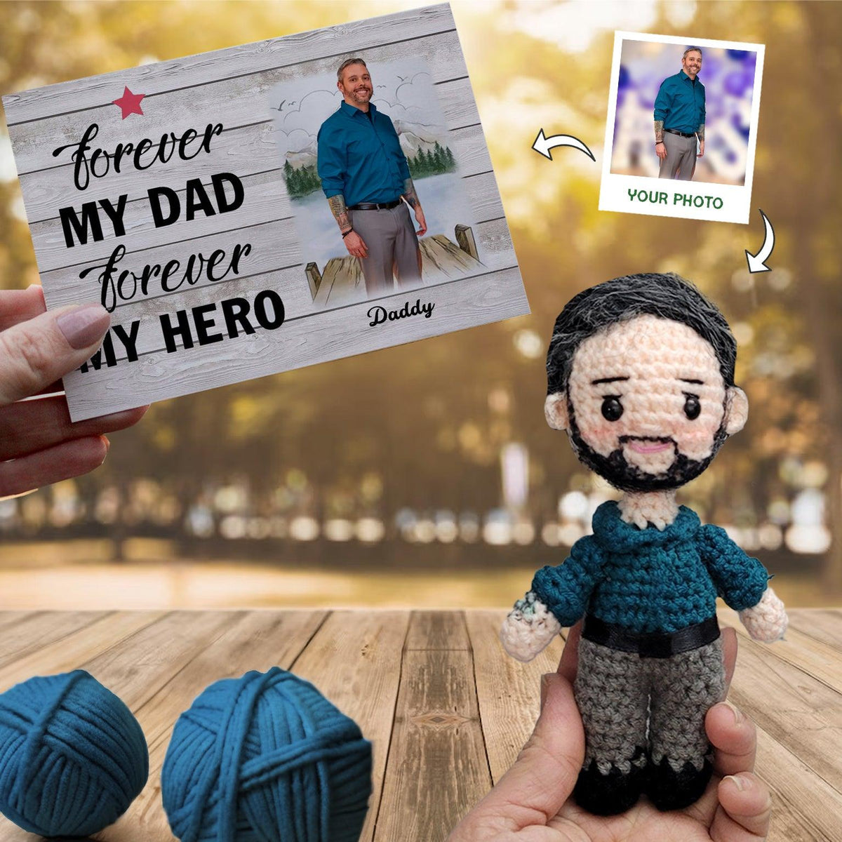 Personalized Crochet Doll with Photo Card "Forever My Dad Forever My Hero"