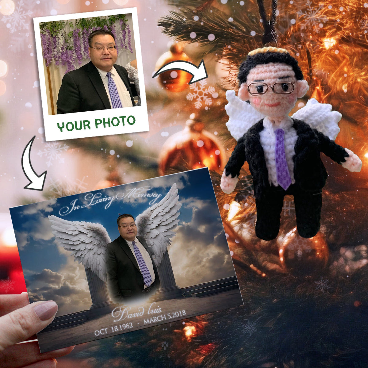 Personalized Ornament Crochet Doll with Photo Card "The Gateway to Heaven and Angel Wings"