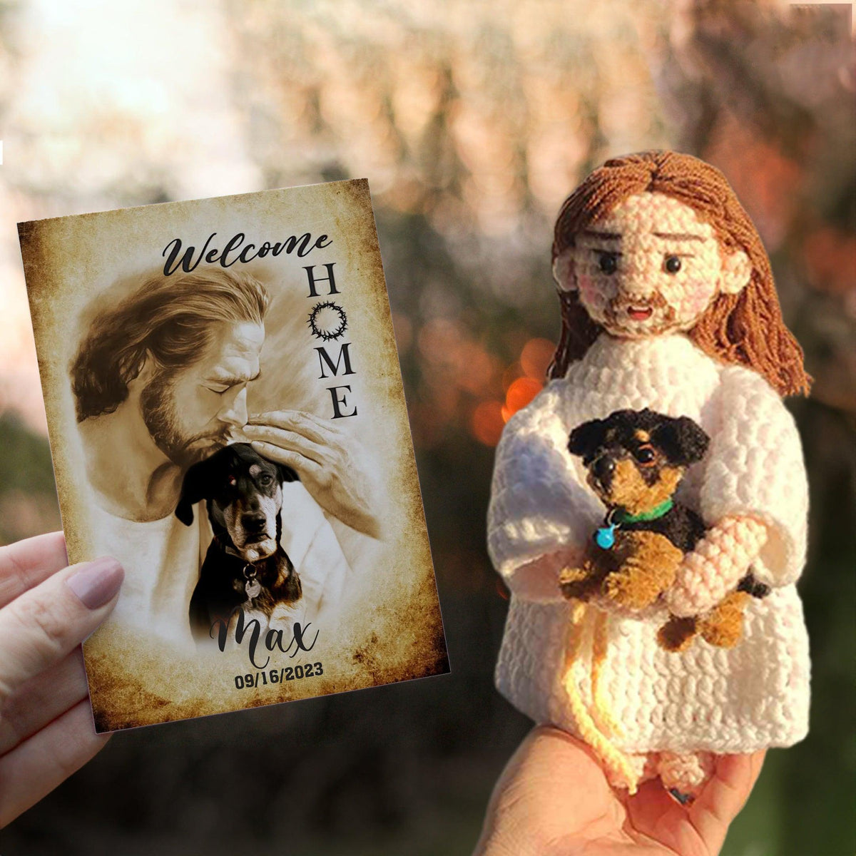 Personalized Crochet Doll with Photo Card "Welcome Home | Beloved Pets in God's Embrace"