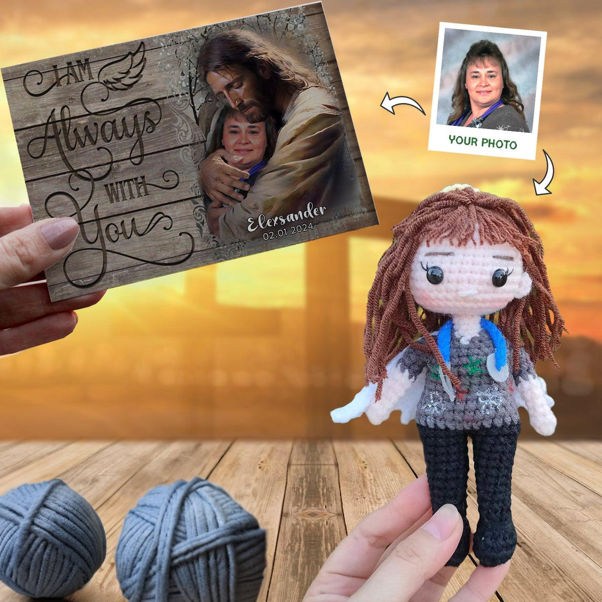 Personalized Crochet Doll with Photo Card "Safe In God's Hands I Am Alway With You"