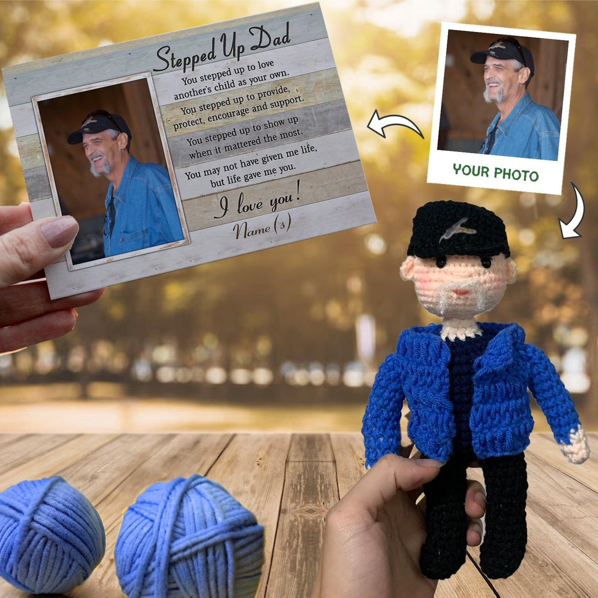 Personalized Crochet Doll with Photo Card "Stepped Up Dad Gift For Father’s Day"