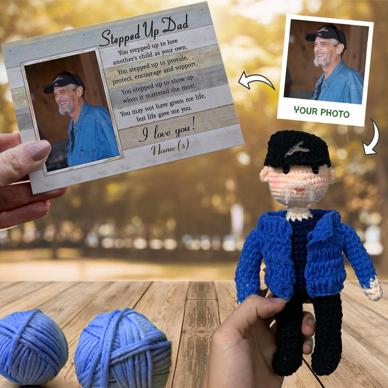 Personalized Crochet Doll with Photo Card "Stepped Up Dad Gift For Father’s Day"