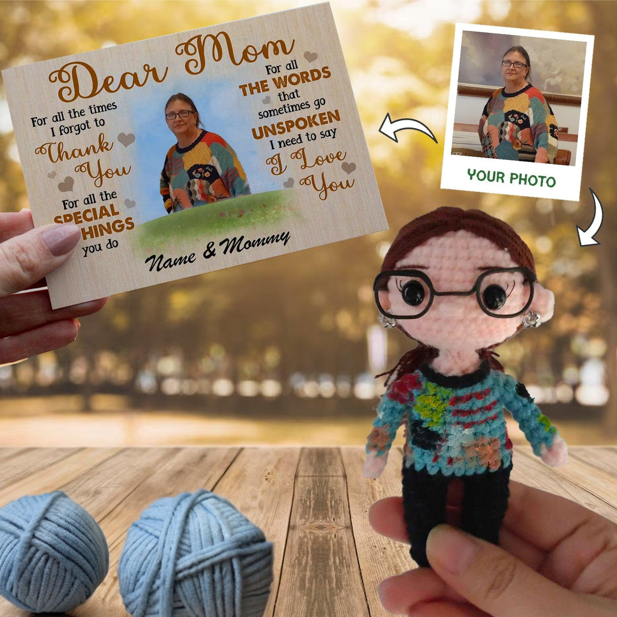 Personalized Crochet Doll with Photo Card "Dear Mom I love You"