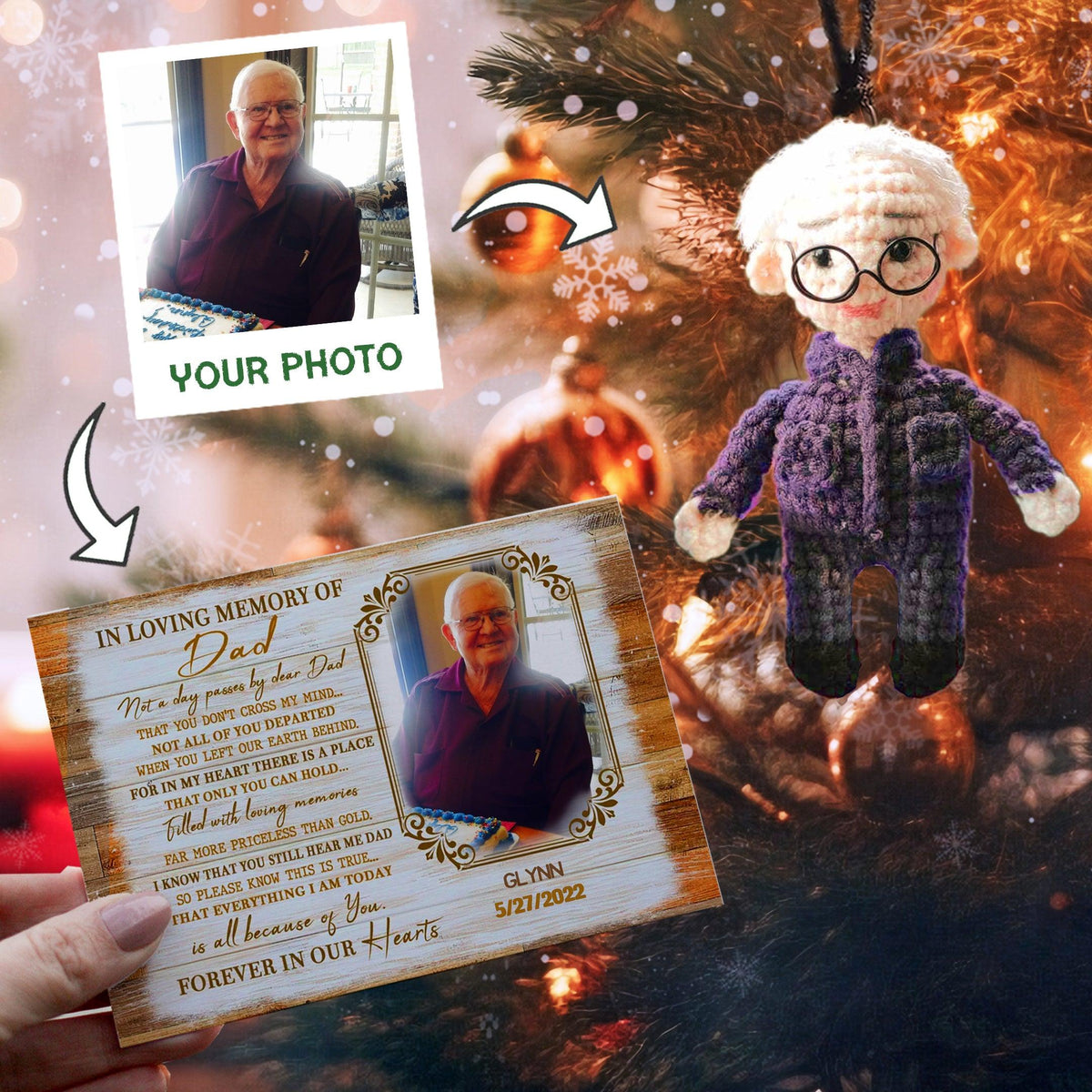 Personalized Ornament Crochet Doll with Photo Card "In Loving Memory Of Dad"