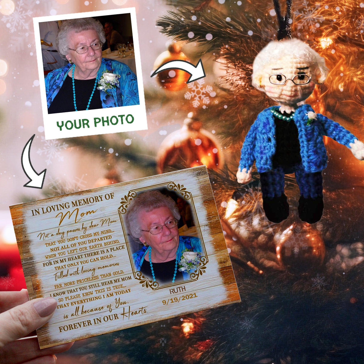 Personalized Ornament Crochet Doll with Photo Card "In Loving Memory Of Mom"