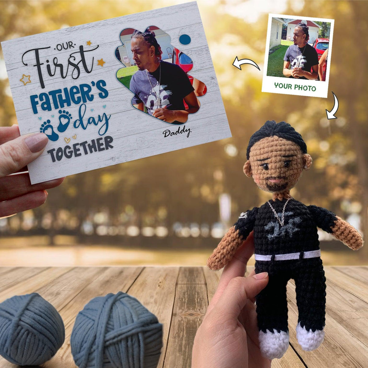 Personalized Crochet Doll with Photo Card "Our First Father's Day Together"