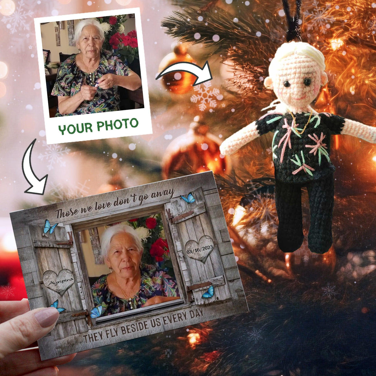 Personalized Ornament Crochet Doll with Photo Card "Those We Love Don't Go Away 2"