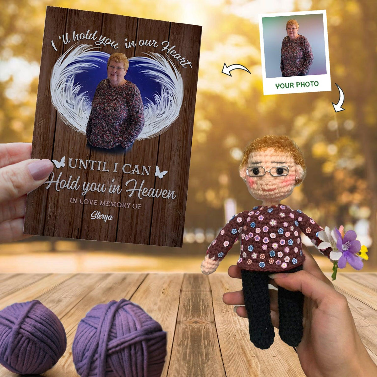 Personalized Crochet Doll with Photo Card "We'll Hold You In Our Hearts Until We Can Hold You In Heaven"