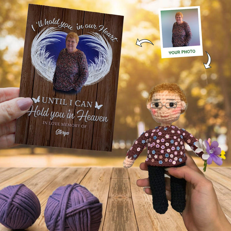 Personalized Crochet Doll with Photo Card "We'll Hold You In Our Hearts Until We Can Hold You In Heaven"