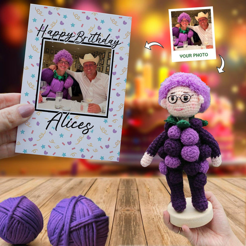 Personalized Crochet Doll with Photo Card "Happy Birthday Version 1"