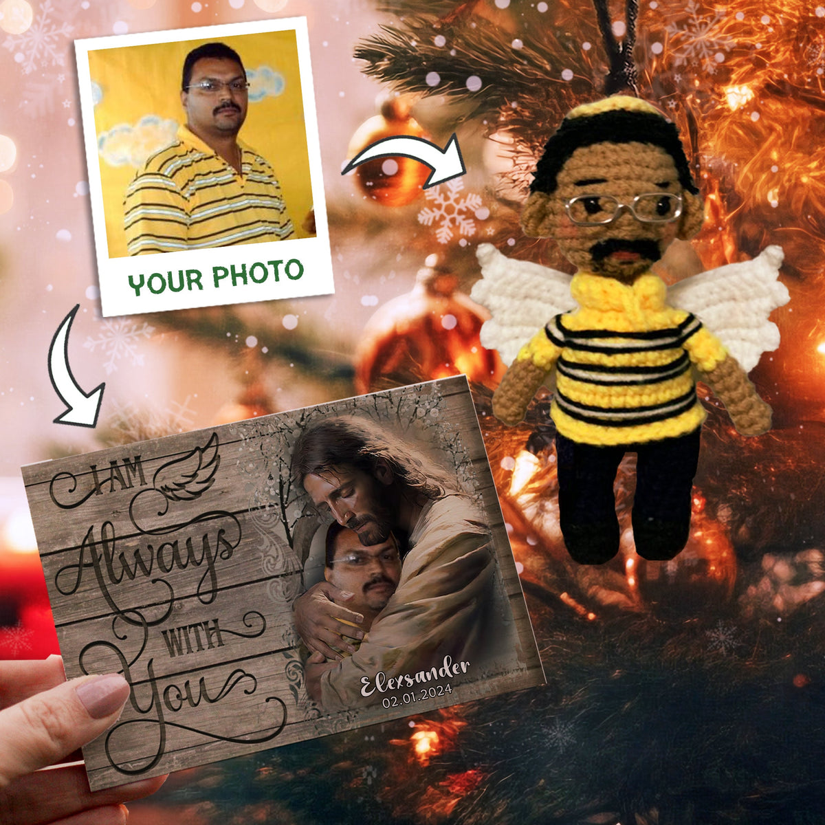 Personalized Ornament Crochet Doll with Photo Card "Safe In God's Hands I Am Alway With You"