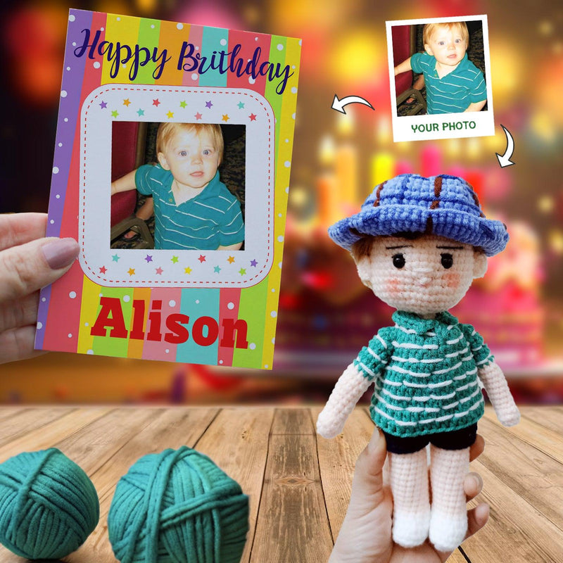 Personalized Crochet Doll with Photo Card "Happy Birthday Version 2"