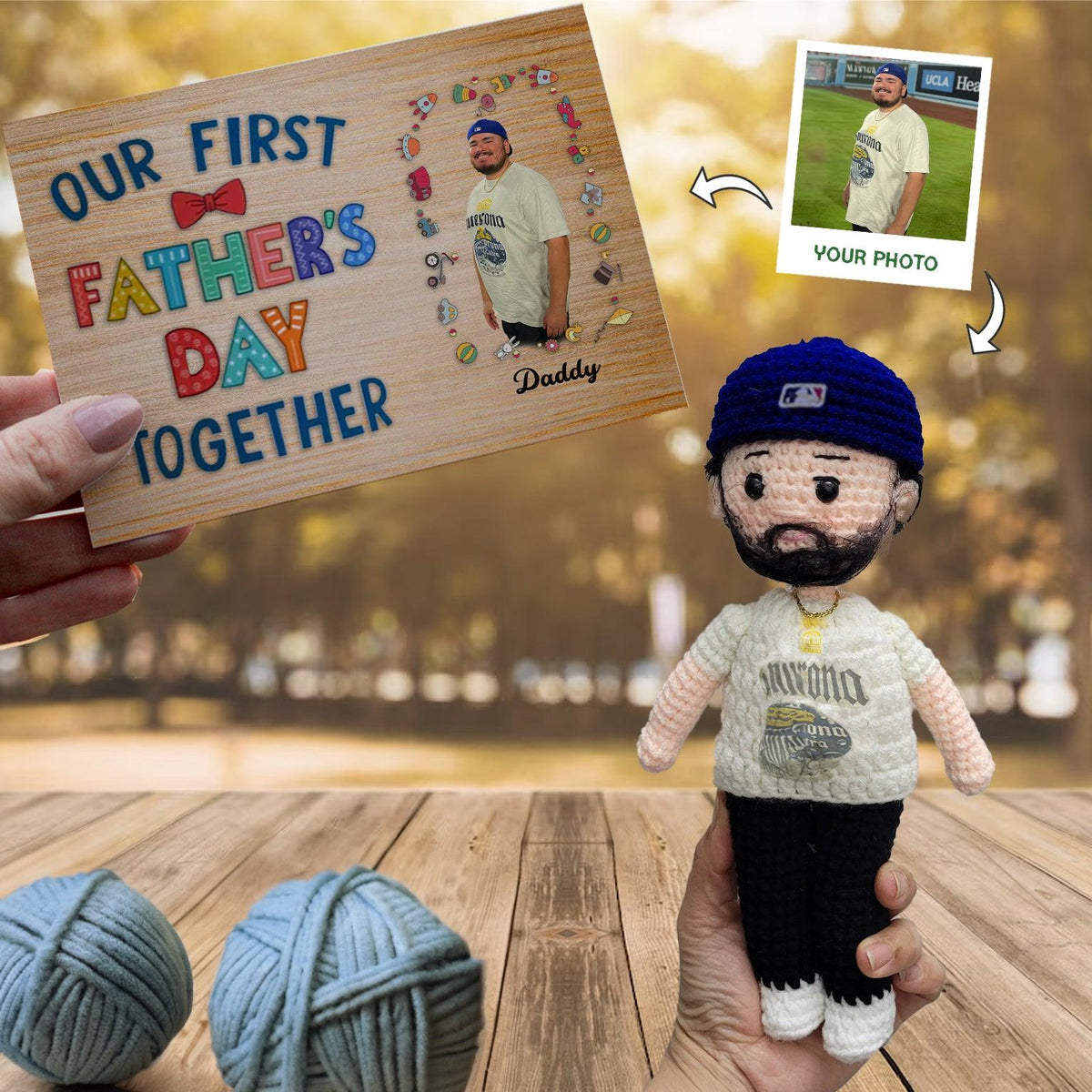 Personalized Crochet Doll with Photo Card "Our first Father's day together"