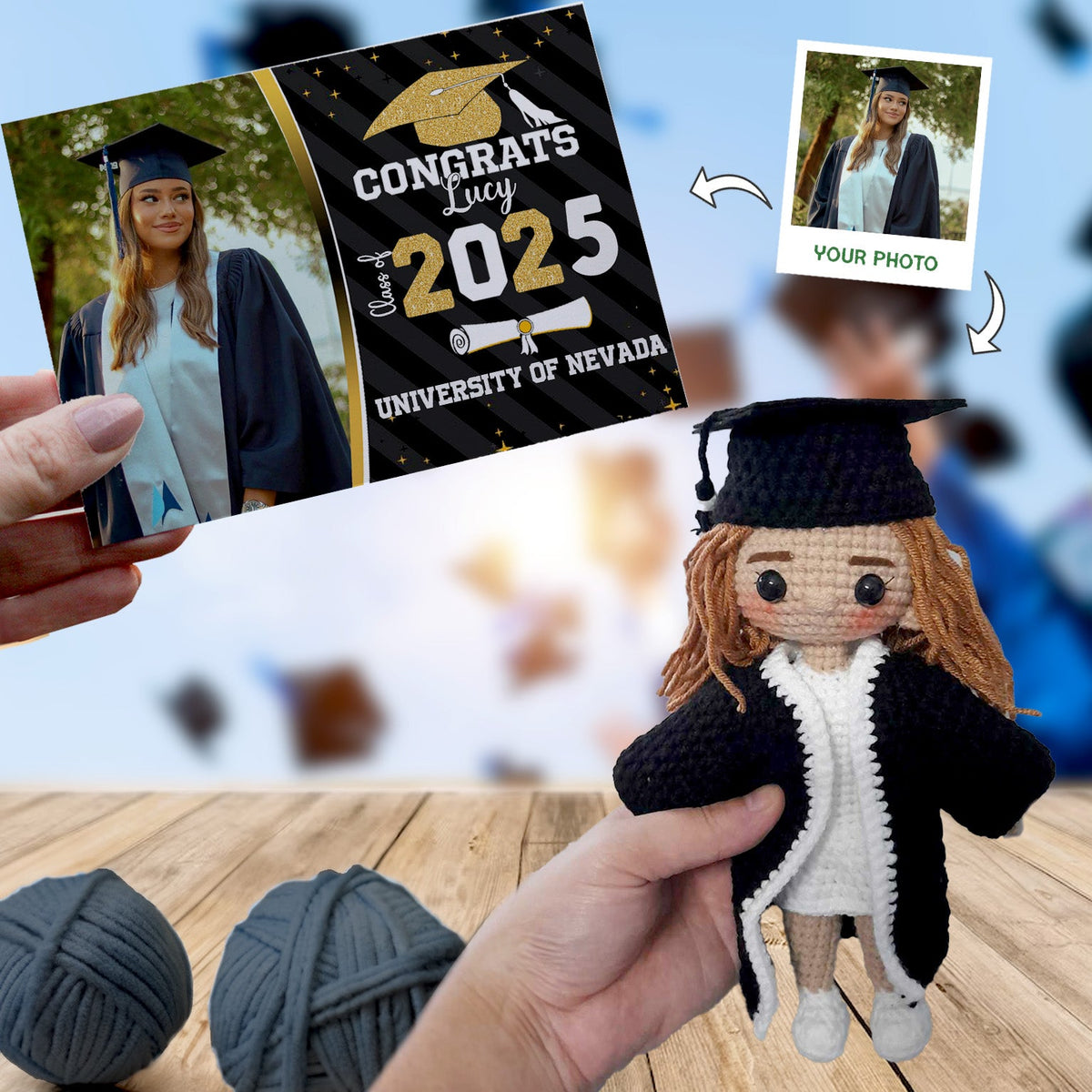 Personalized Crochet Doll with Photo Card "Congrats Class of 2026 Graduation Day"