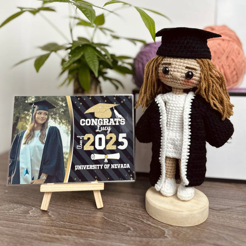 Personalized Crochet Doll with Photo Card "Congrats Class of 2026 Graduation Day"