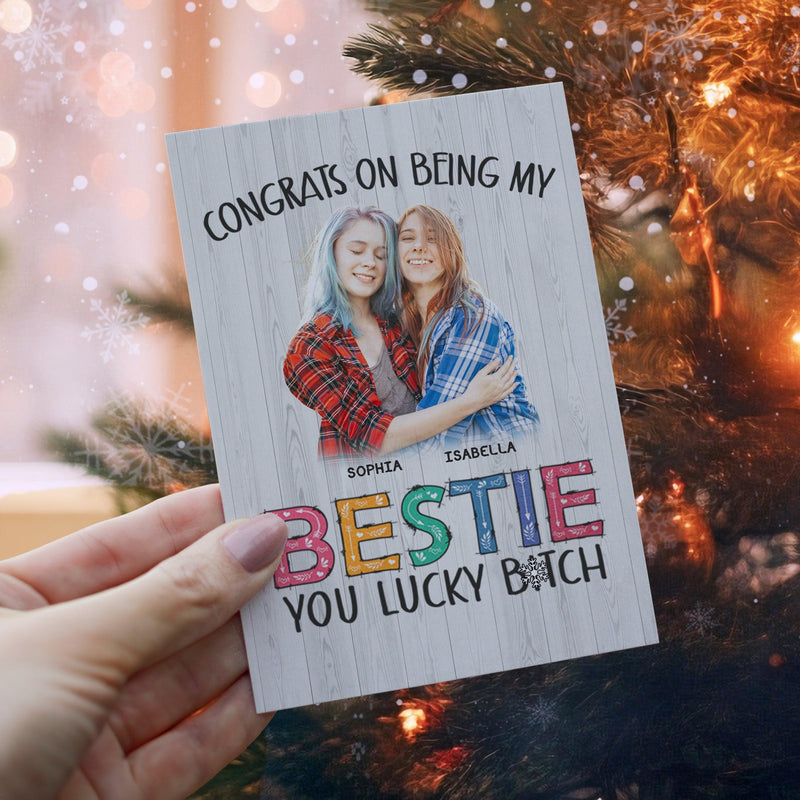 Personalized Ornament Crochet Doll with Photo Card "Congrats On Being My Bestie"